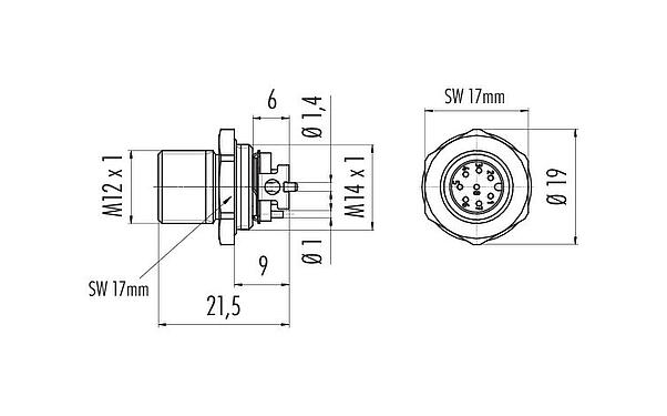 Maßzeichnung M12 Flanschstecker, Polzahl: 8, schirmbar, SMT, IP67, M12x1,0, Frontmontage