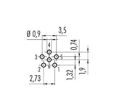 Conductor layout M8 Female panel mount connector, Contacts: 6, unshielded, THT, IP67, UL 2238, M12x1.0, Rear mounting