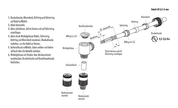 Montageanleitung M8 Winkelstecker, Polzahl: 3, 3,5-5,0 mm, schirmbar, löten, IP67, UL 2238