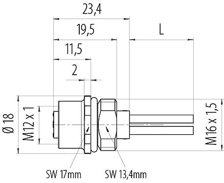 Dessin coté M12 Embase femelle, Contacts: 4, non blindé, fils, IP68, UL 2238, M16x1,5, Montage frontal