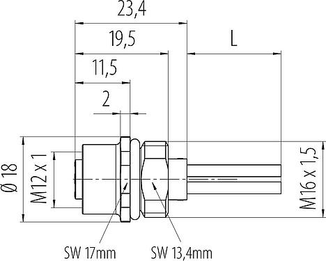 Schaaltekening M12 Female panel mount connector, aantal polen: 4, onafgeschermd, draden, IP68, UL 2238, M16x1,5, Frontaansluiting