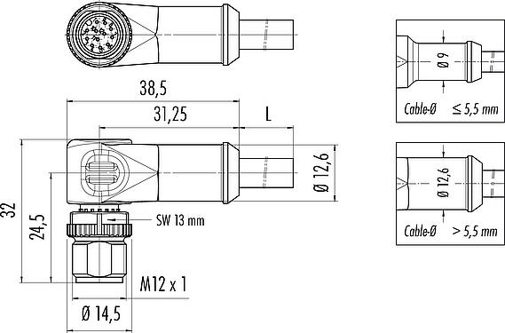 Mittakaavapiirustus M12 Kulmapistoke, Napojen määrä: 12, suojaamaton, suihkutettu kaapelille, IP68/IP69K, UL 2238, PVC, harmaa, 12 x 0,25 mm², 2 m