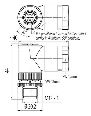 比例圖 M12 彎角針頭電纜連接器, : 5, 8.0-10.0mm, 非遮罩, 螺釘接線, IP67, UL 2238, VDE, 用於供電