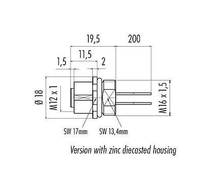 Scale drawing 76 0232 0011 00205-0200 - M12 Female panel mount connector, Contacts: 5, unshielded, single wires, IP68, UL, M16x1.5