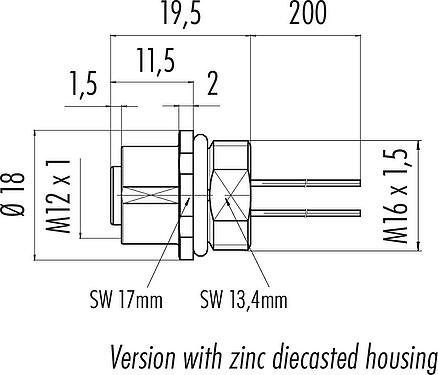 Scale drawing M12 Female panel mount connector, Contacts: 4, unshielded, single wires, IP68, UL 2238, M16x1.5, Front mounting