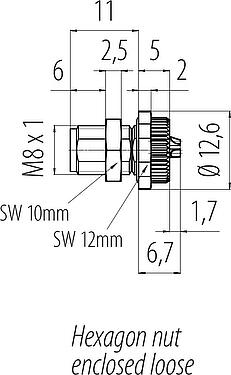 Scale drawing M8 Male panel mount connector, Contacts: 3, solder, IP67/IP69K, M10x0.75, Rear mounting, with solder cups