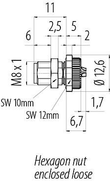 縮尺図 M8 オスパネルマウントコネクタ, 極数: 3, はんだ, IP67/IP69K, M10x0.75, 背面パネルマウント, はんだカップ付き