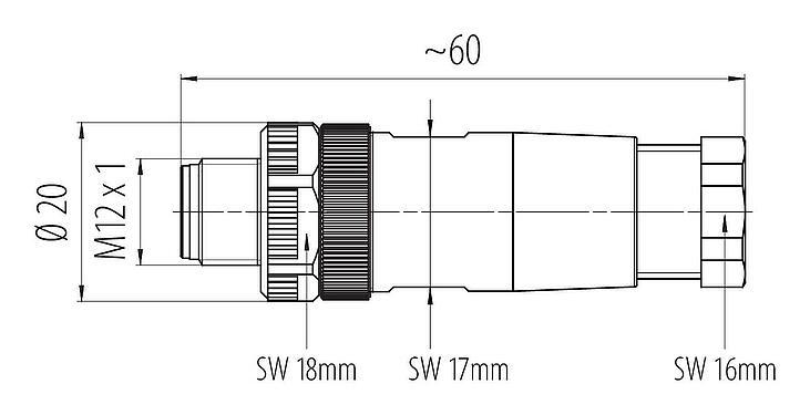 Méretarányos rajz M12 Kábelre szerelhető csatlakozó, : 5, 6,0-8,0 mm, árnyékolatlan, csavaros bilincs, IP67