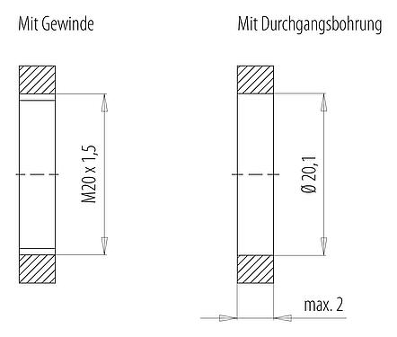 Montageanleitung / Montageausschnitt Bajonett Flanschdose, Polzahl: 6, schirmbar, Litzen, IP66/IP67, UL 2237, M20x1,5, Frontmontage