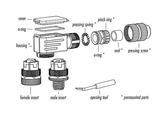Component part drawing 99 1536 920 05 - M12 Female angled connector, Contacts: 5, 6.5-8.5 mm, shieldable, wire clamp, IP67