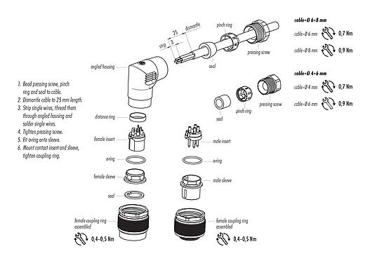 Assembly instructions M16 Female angled connector, Contacts: 16, 6.0-8.0 mm, unshielded, solder, IP67