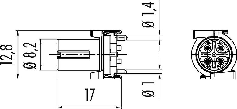 Scale drawing M12 Female receptacle, Contacts: 4, shieldable, SMT, IP67