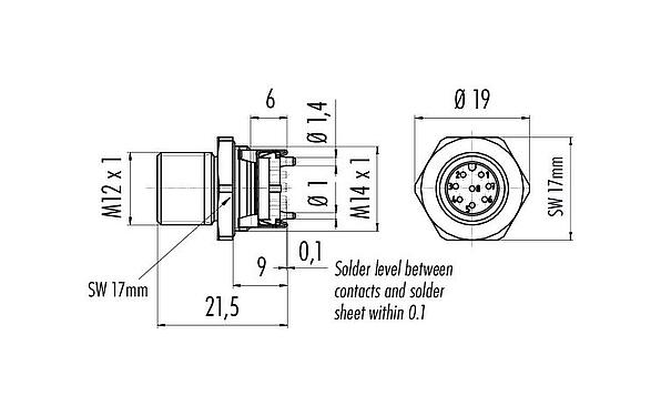 Výkres v měřítku M12 Přírubová zátka, : 8, stínitelné, SMT, IP67, M12x1,0, Přední montáž