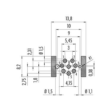 導體佈局 M12 孔頭法蘭座, : 8, 可接遮罩, SMT, IP67, M14x1.0, 板前安裝