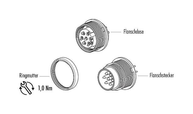 Einzelteildarstellung M16 Flanschdose, Polzahl: 6 (06-a), ungeschirmt, THT, IP40, M18x0,75, Rückwandmontage