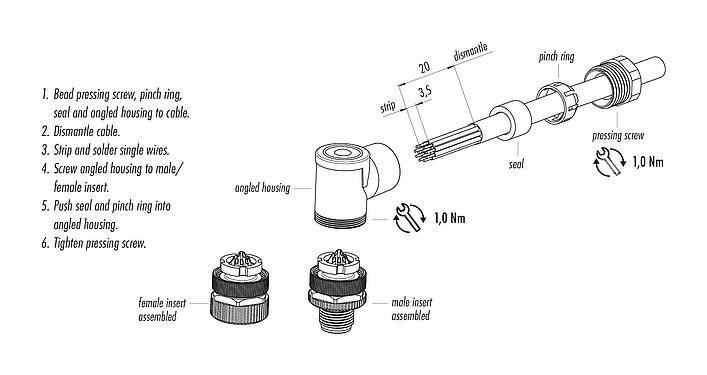 装配说明 M12 弯角针头电缆连接器, 极数: 12, 6.0-8.0mm, 非屏蔽, 焊接, IP67, UL 2238