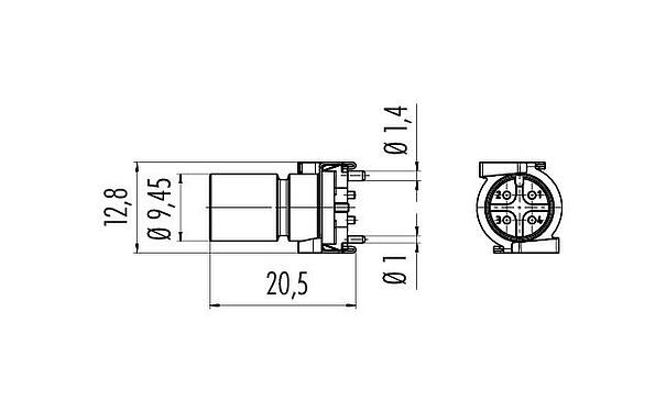 Scale drawing M12 Male receptacle, Contacts: 4, shieldable, SMT, IP67