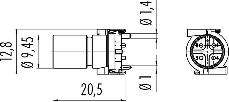 Scale drawing M12 Male receptacle, Contacts: 5, shieldable, SMT, IP67