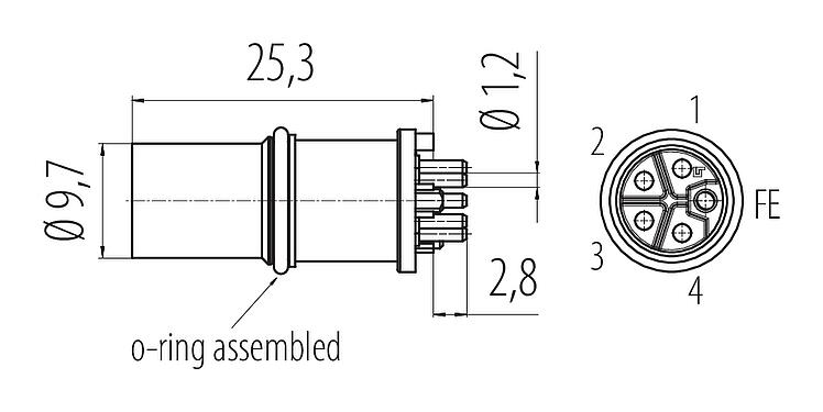 Schaaltekening M12 Male chassideel, aantal polen: 5, onafgeschermd, THR, IP68, UL 2238, Frontaansluiting
