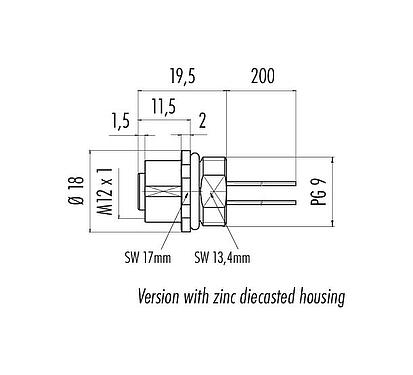 Schaaltekening M12 Female panel mount connector, aantal polen: 4, onafgeschermd, draden, IP68, UL 2238, PG 9, Frontaansluiting