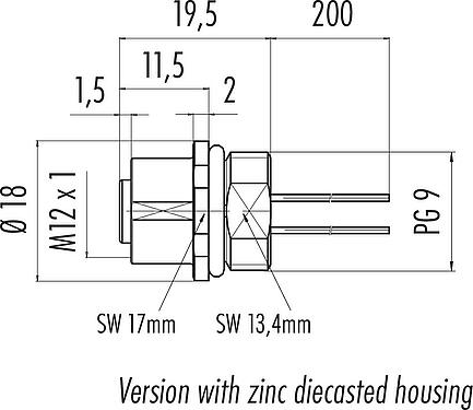 Scale drawing M12 Female panel mount connector, Contacts: 4, unshielded, single wires, IP68, UL 2238, PG 9, Front mounting