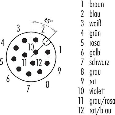 Polbild (Steckseite) M12 Flanschstecker, Polzahl: 12, ungeschirmt, Litzen, IP68, UL 2238, PG 9, Frontmontage, Kodierungsausrichtung positionierbar, vergossen