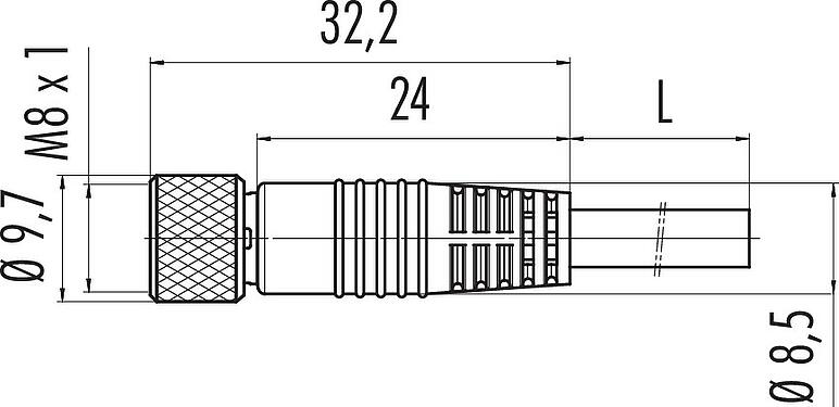 Scale drawing M8 Female cable connector, Contacts: 4, shielded, moulded on the cable, IP67/IP69K, PUR, black, 4 x 0.34 mm², 2 m