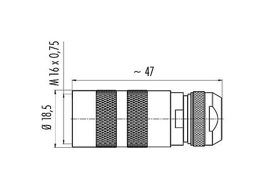 Maßzeichnung M16 Kabeldose, Polzahl: 12 (12-a), 4,1-7,8 mm, schirmbar, löten, IP68, UL 2238, Kurzversion