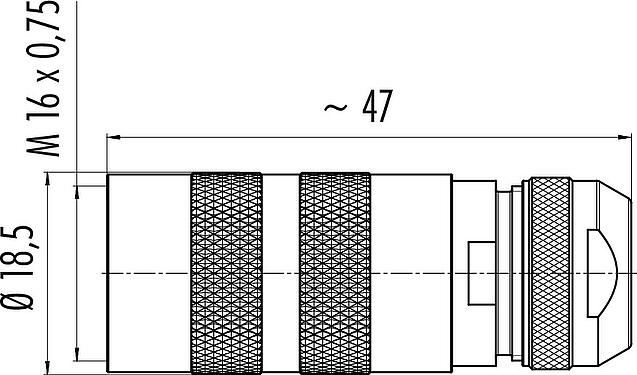 Scale drawing M16 Female cable connector, Contacts: 2 (02-a), 4.1-7.8 mm, shieldable, solder, IP68, UL 2238, Short version