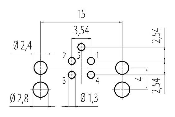 導體佈局 M12 針頭法蘭座,彎角, : 5, 非遮罩, THR, IP68, UL 2238, 後壁安裝, 用於PCB組裝