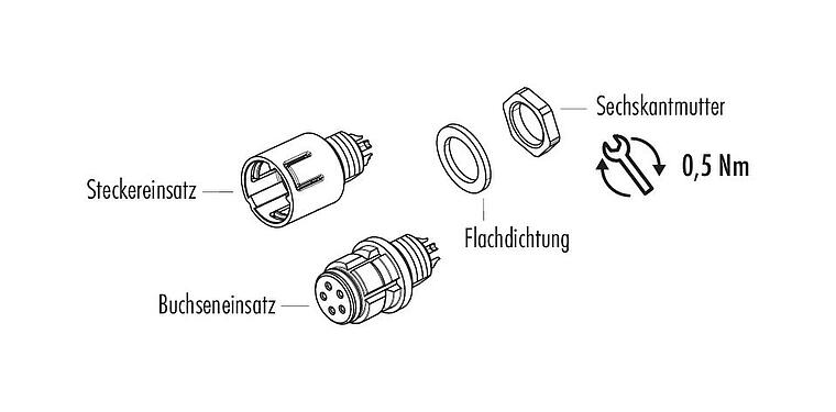 Einzelteildarstellung Snap-In Flanschdose, Polzahl: 3, ungeschirmt, löten, IP67, UL 2238, M8x0,75, Frontmontage