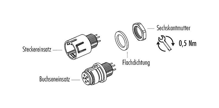 Einzelteildarstellung Snap-In Flanschstecker, Polzahl: 5, ungeschirmt, THT, IP67, M8x0,75, Frontmontage