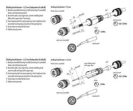 Assembly instructions 99 1539 814 05 - M12 Male cable connector, Contacts: 5, 5.0-8.0 mm, shieldable, wire clamp, IP67