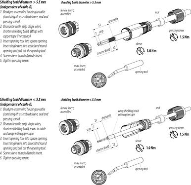 Istruzioni di montaggio M12 Connettore cavo maschio, Numero poli: 4, 5,0-8,0 mm, schermabile, molla di tensione a gabbia, IP67, piuma di iride