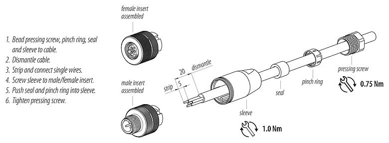 Montagehandleiding M12 Kabeldoos, aantal polen: 2+PE, 4,0-6,0 mm, onafgeschermd, schroefklem, IP67