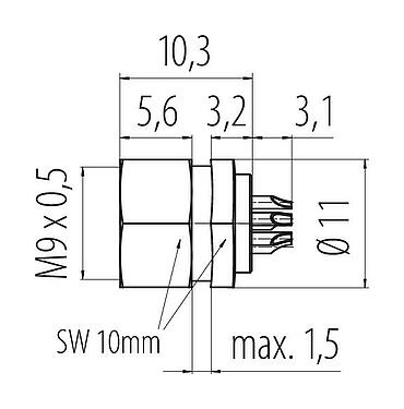 Scale drawing M9 Female panel mount connector, Contacts: 8, unshielded, M9x0,5, Front mounting
