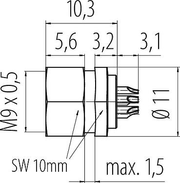 Scale drawing M9 Female panel mount connector, Contacts: 8, unshielded, M9x0,5, Front mounting