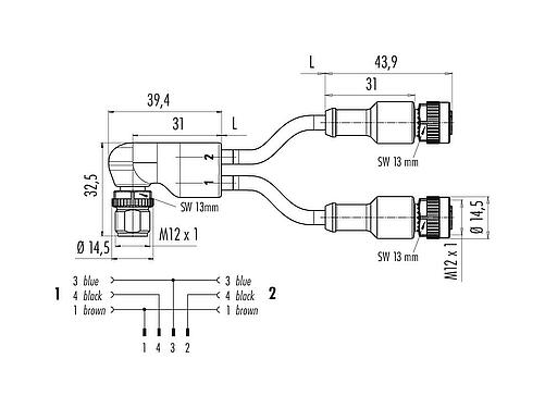 Dessin coté M12 Répartiteur de câbles connecteur d‘angle mâle - 2 connecteurs femelle, Contacts: 4/3, non blindé, surmoulé sur le câble, IP67, UL 2238, PUR, noir, 3 x 0,34 mm², 1 m