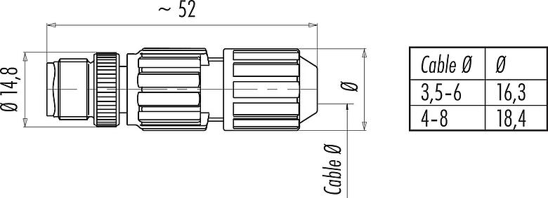縮尺図 M12 オスコネクタケーブル, 極数: 4, 3.5-6.0mm, 非シールド, IDC, IP67
