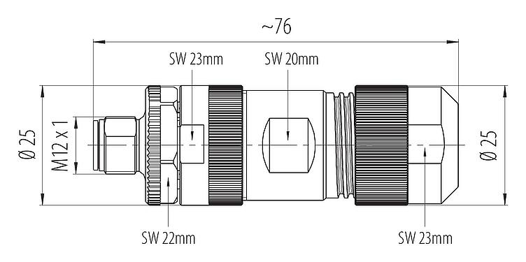Dessin coté M12 Connecteur mâle, Contacts: 4+PE, 8,0-13,0 mm, non blindé, pince à visser, IP67, UL 2237 en préparation, avec connexion PE