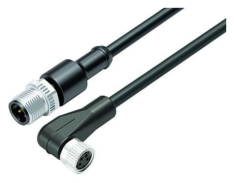 Illustration M12/M8 Male cable connector - female angled connector, Contacts: 4, unshielded, moulded on the cable, IP67/IP69K, UL 2238, PUR, black, 4 x 0.34 mm², 1 m