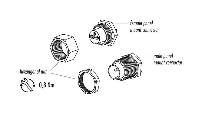 Component part drawing 09 0481 00 08 - M9 Male panel mount connector, Contacts: 8, unshielded, solder, IP40
