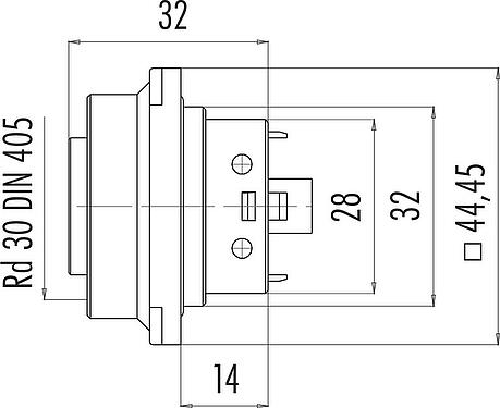 스케일 드로잉 RD30 플랜지 리셉터클, 콘택트 렌즈: 12+PE, 차폐되지 않음, 솔더, IP65, 전면 마운팅