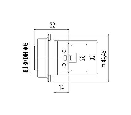 Scale drawing RD30 Female panel mount connector, Contacts: 24, unshielded, solder, IP65, Front mounting