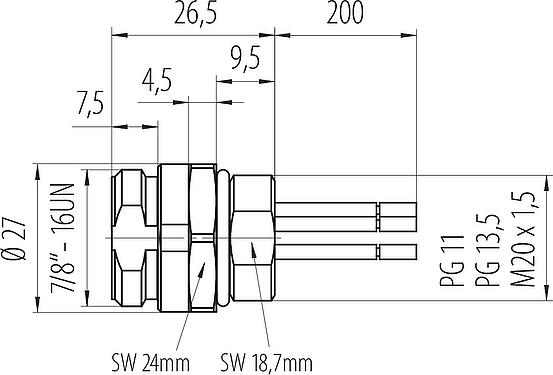 Maßzeichnung 7/8" Flanschstecker, Polzahl: 4+PE, ungeschirmt, Litzen, IP68, UL 2238, VDE, M20x1,5, Frontmontage, vergossen