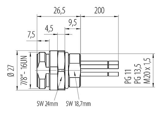 Schaaltekening 7/8" Male panel mount connector, aantal polen: 2+PE, onafgeschermd, draden, IP68, UL 2238, VDE, PG 13,5, Frontaansluiting