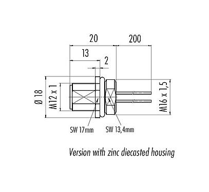 Scale drawing 76 0233 0011 00105-0200 - M12 Male panel mount connector, Contacts: 5, unshielded, single wires, IP68, UL, M16x1.5