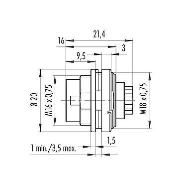 Scale drawing 09 0315 700 05 - M16 Male panel mount connector, Contacts: 5 (05-a), unshielded, crimping (Crimp contacts must be ordered separately), IP40