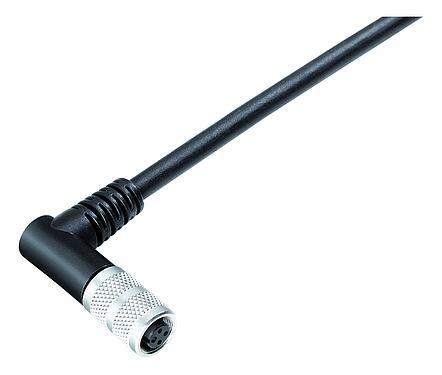 Illustration M9 Female angled connector, Contacts: 4, shielded, moulded on the cable, IP67, PUR, black, 5 x 0.25 mm², 2 m