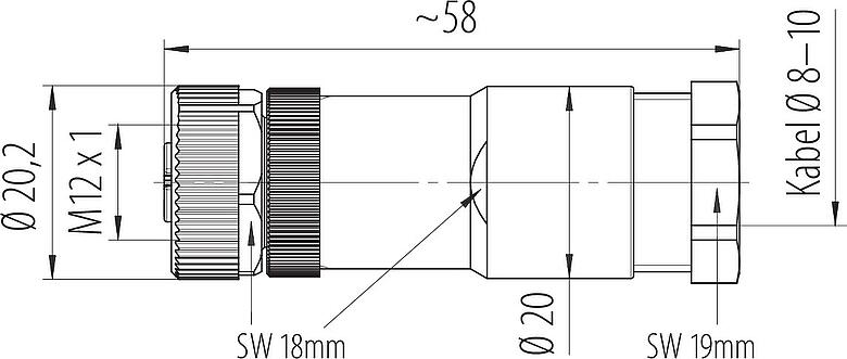 Maßzeichnung M12 Kabeldose, Polzahl: 3+PE, 8,0-10,0 mm, ungeschirmt, schraubklemm, IP67, UL 2238, VDE